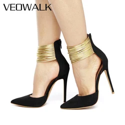 Veowalk Women Black Flock Pointed Toe D'Orsay Stiletto Pumps with Ankle Bracelet Elegant Ladies Party High Heel Shoes Size 44 45
