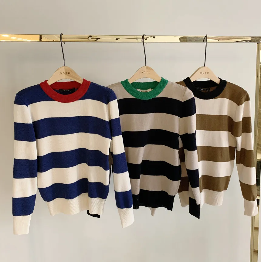 2023 Autumn Korean Knitted Striped Pullover Sweater Women Long Sleeve O-neck Vintage Fashion Casual Female Tops Sweaters