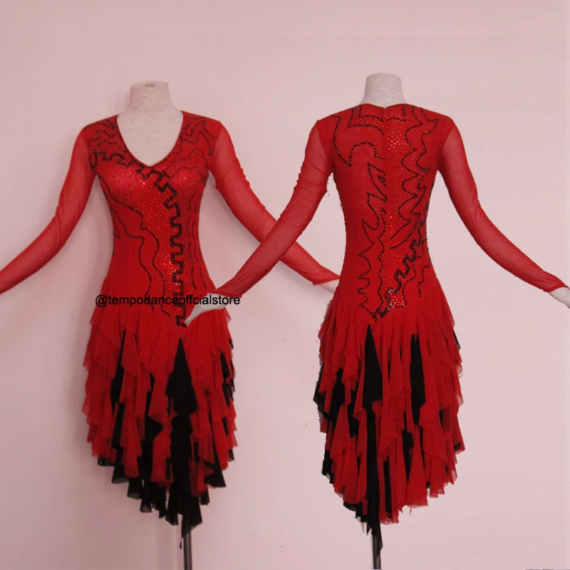 Tailor-made Red Latin Dance Dress Women for Competition Standard Dance Dress Latin Dance Costumes Pleated Latin dress