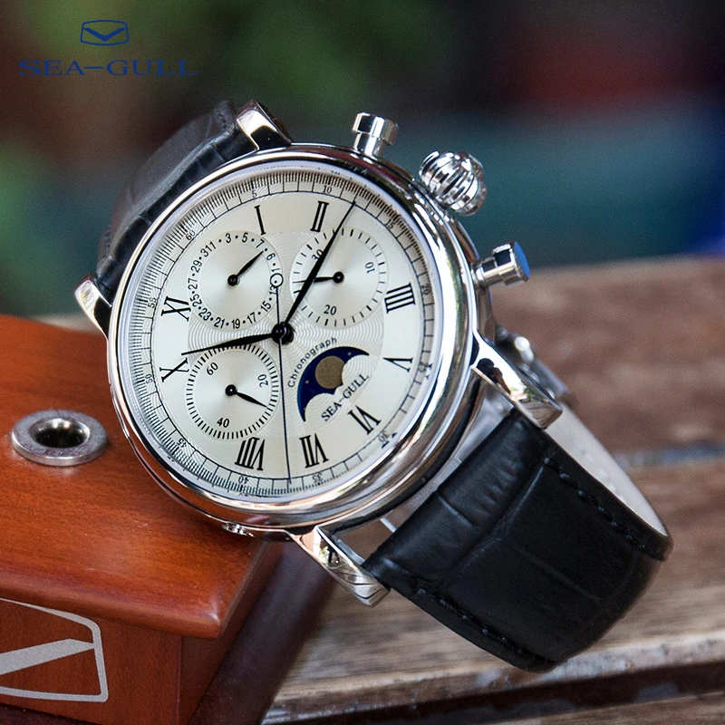 

Seagull moon phase watch men's sports and leisure chronograph multi-function belt waterproof manual mechanical watch M199S