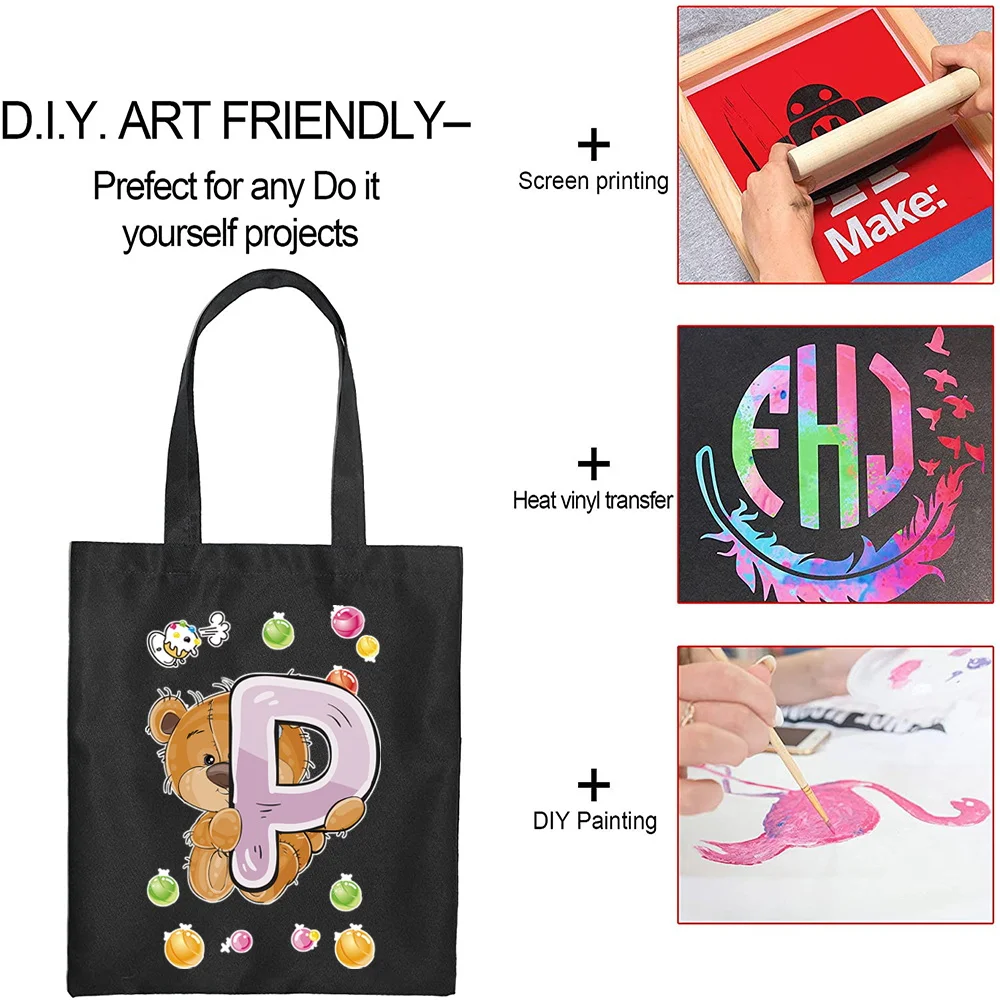 Female Bag Shopping Bag Shoulder Bag Foldable Reusable Casual Letters Teddy Bear Print Black Canvas Student Eco-friendly Handbag