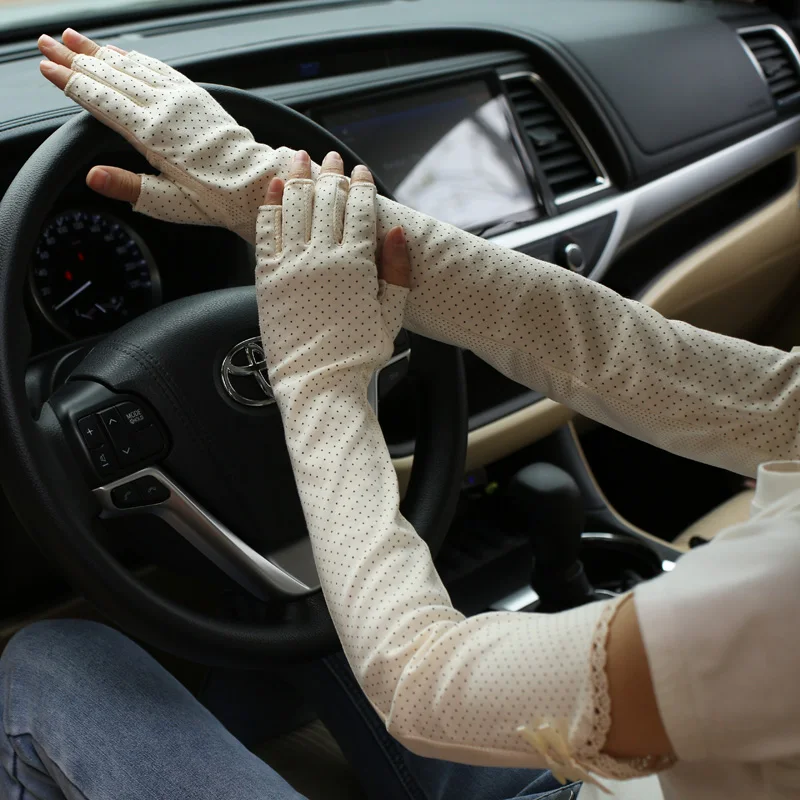 Guantes de algodón con protección solar para mujer, manguitos finos de medio dedo, mangas largas, transpirables, antideslizantes, protectores de