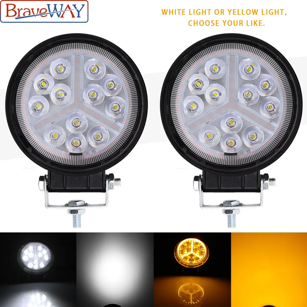 Braveway Led Fog Light 48w Daytime Running Lights 24V Car Headlight 4 INCH 9D 4x4 Offroad Truck Led Work Light Yellow ATV