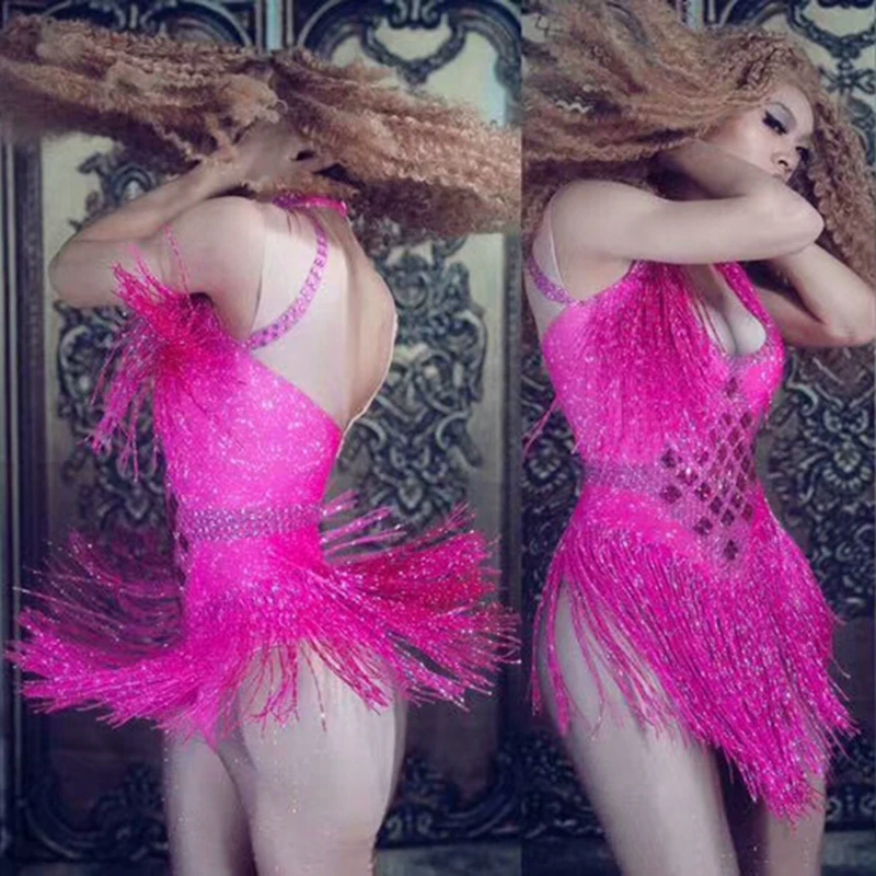 

5 Colors Sparkly Rhinestone Tassel Bodysuit Nightclub Dance DS Show Stage Wear Stretch Party Outfit Female Singer Dance Costume