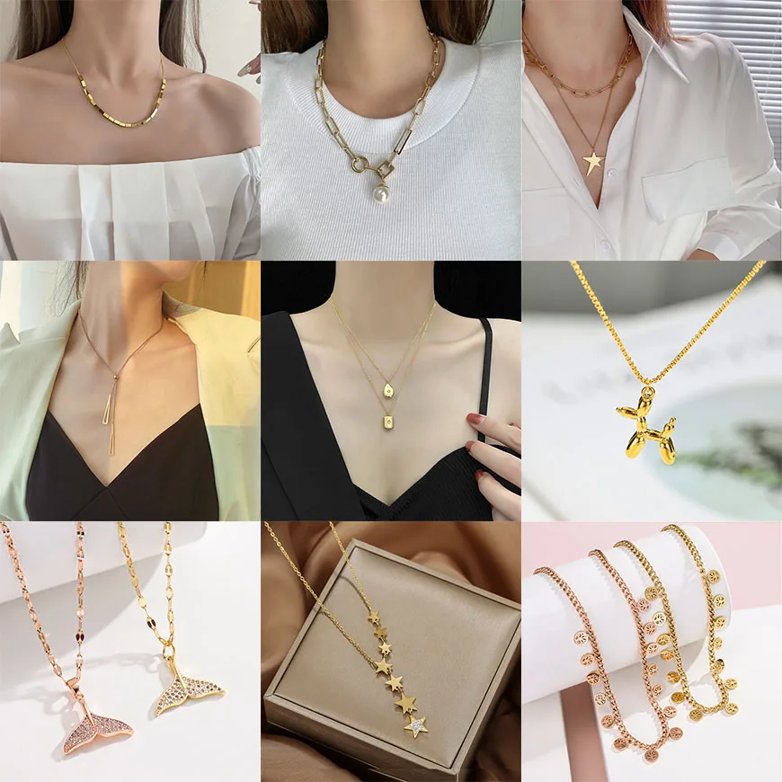 316L Stainless Steel Geometry Star Pearl Pendant Charms Chain Choker Necklace For Women Fashion Fine Anti-Allergic Jewelry N574