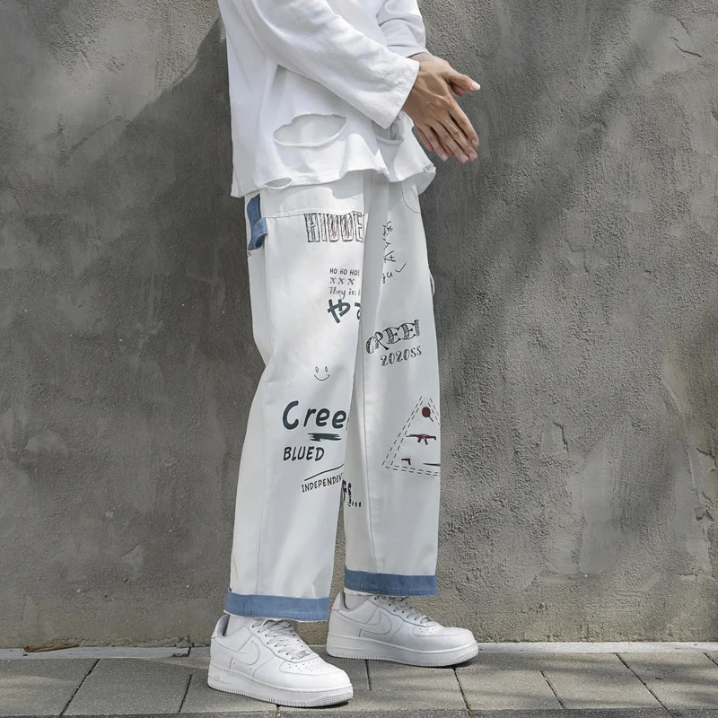 ICCLEK Graffiti Jeans Men's Loose Straight Overalls Winter Thicken Jeans Wide Leg Pants Plus Size Jeans  Patchwork Jeans