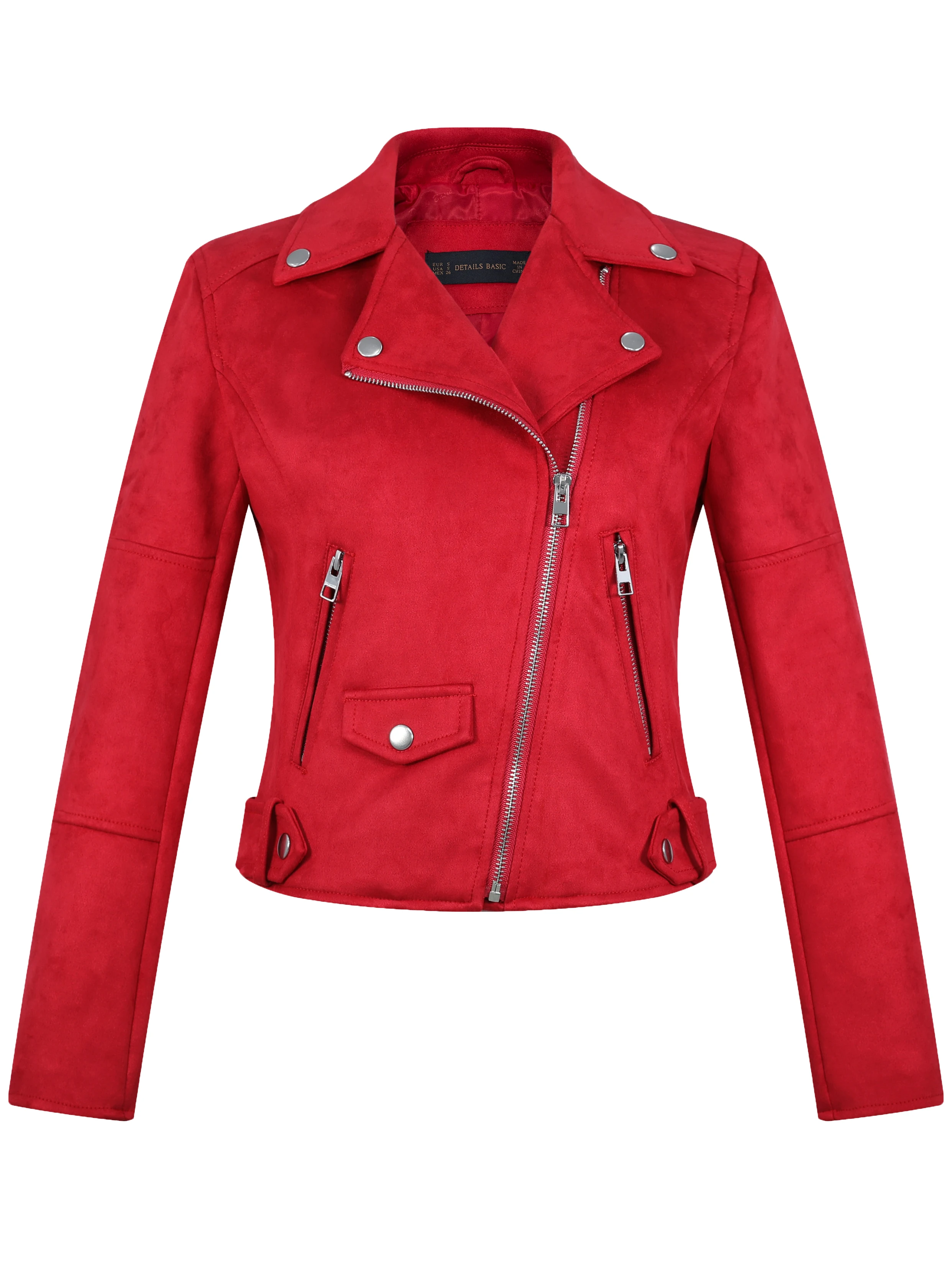 Chaqueta de cuero de ante sintético para mujer, abrigo suave de motorista, color rojo mate, para otoño e invierno, 2021