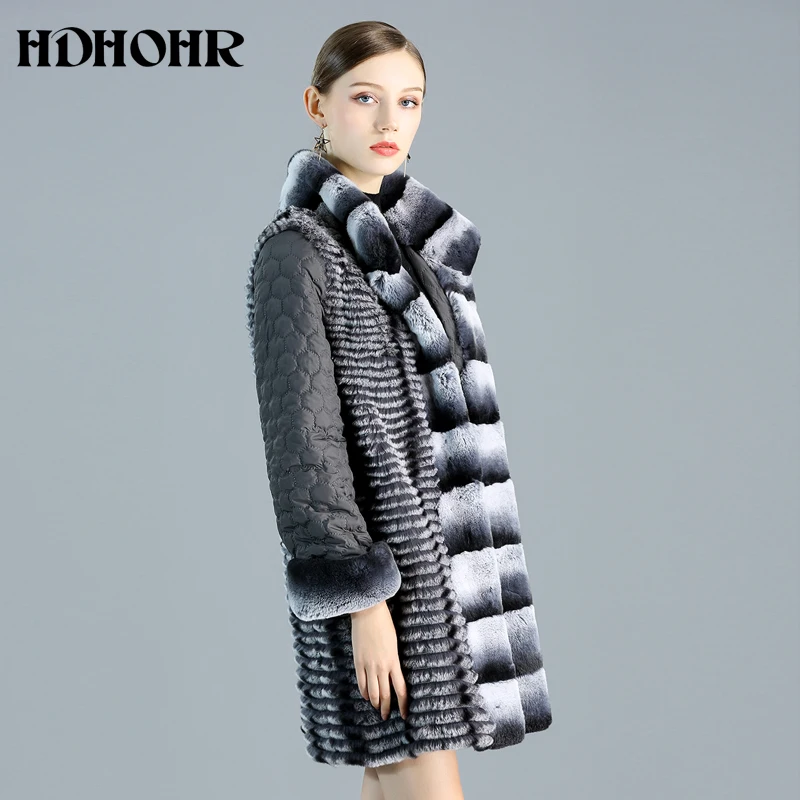 HDHOHR Mới 2021 Chất Lượng Cao Thật Lông Thỏ Áo Khoác Nữ Xuống Cotton Lông Tự Nhiên Áo Khoác Thời Trang Mùa Đông Rex Thỏ Lông Thú áo Khoác Nữ