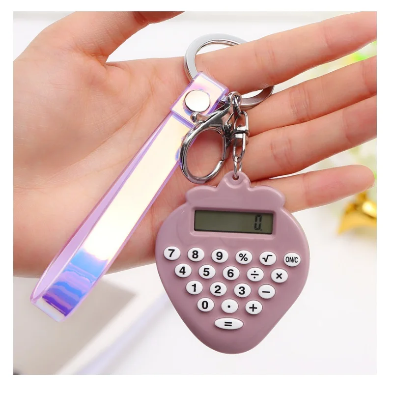 Pocket Size 8 Digits Display Cartoon Mini Ultra-thin Button Battery Cute Stawberry Calculator with Key Chain For School Students