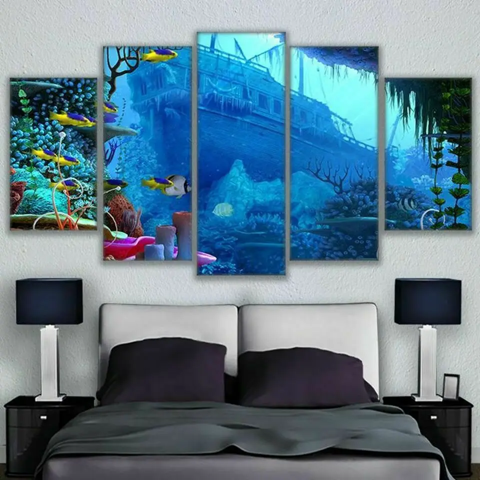 Home Decor Canvas Print 5 Pcs HD Wall Art Modern Pictures Living Room Modular Ocean Shipwreck Tropical Fish No Framed