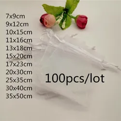 100pcs Organza Bags White Jewellery Bag Organza Jewelry Bag Drawstring Jewelry Packaging Bags 7x9 10x15 20x30cm Jewelry Pouches