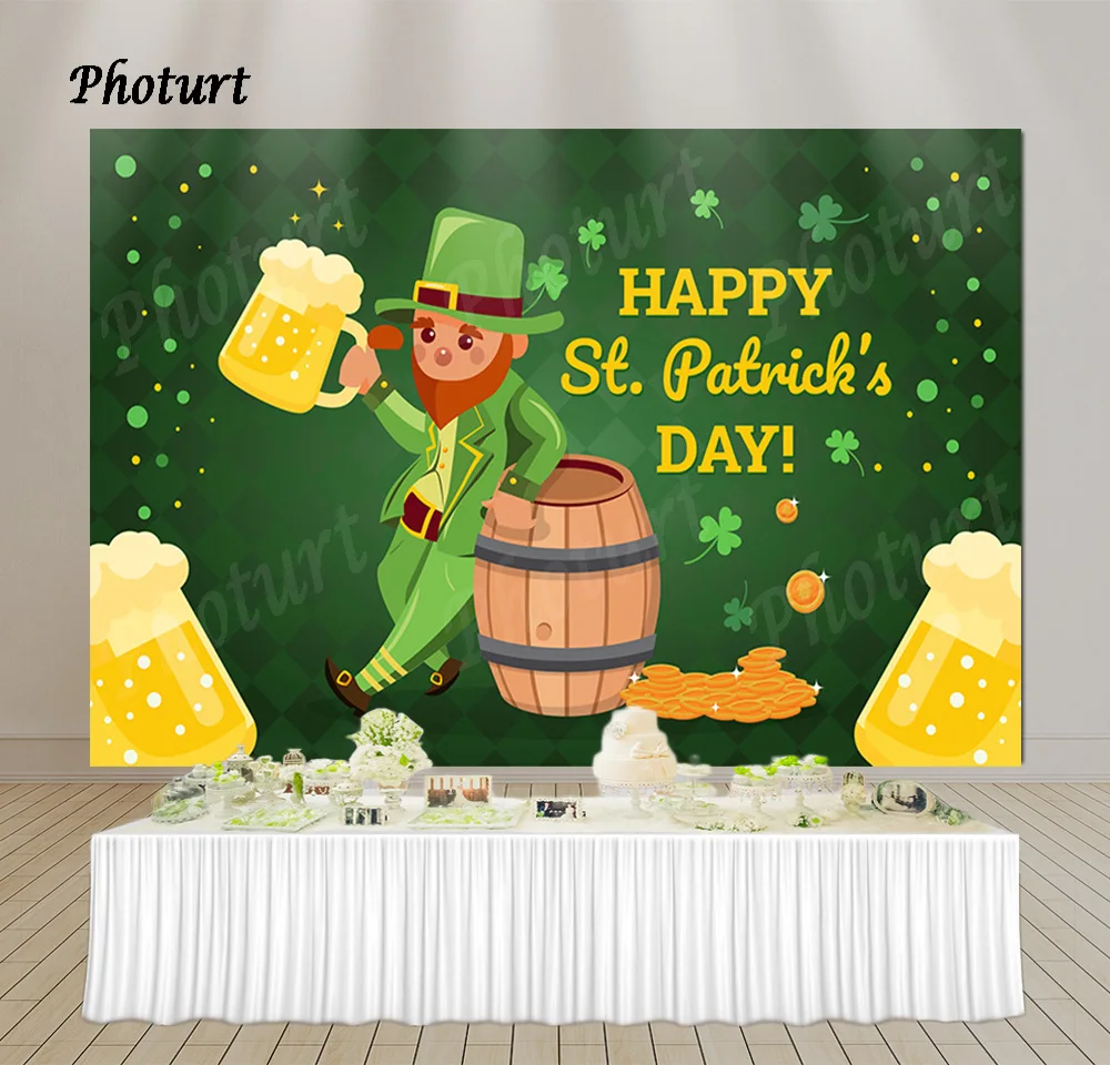 

PHOTURT Happy St. Patrick's Day Backdrop Festival Decoration Photography Background Green Golden Vinyl Polyester Banner Props