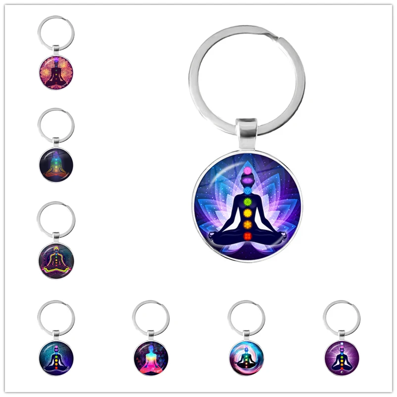 7 Chakra Jewelry Buddhism Indian Chakra Keychain Keyring Sacred Geometry Cabochon Glass Pendant Jewelry