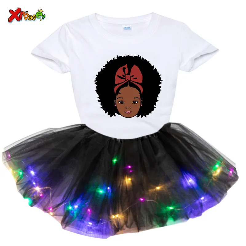 

Glowing Dress Girl Princess Dresses Cosplay Costume Christmas Halloween Princess Dress Up Children Party Tutu Dress+T-shirt Sets