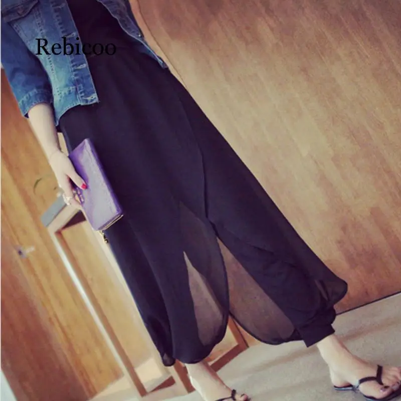 

Women High Waist Chiffon Skirts Pants Wide Leg Black Solid Long Trousers Skirt Ladies Summer Autumn Loose Bottoms Female