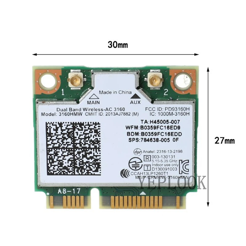 Mini Placa de Rede Sem Fio PCIe, Cartão Wi-Fi, AC3160, 3160HMW, 3160AC, 433Mbps, Banda Dupla, 2.4Ghz, 5Ghz, Bluetooth 4.0, 802.11ac, 11AC