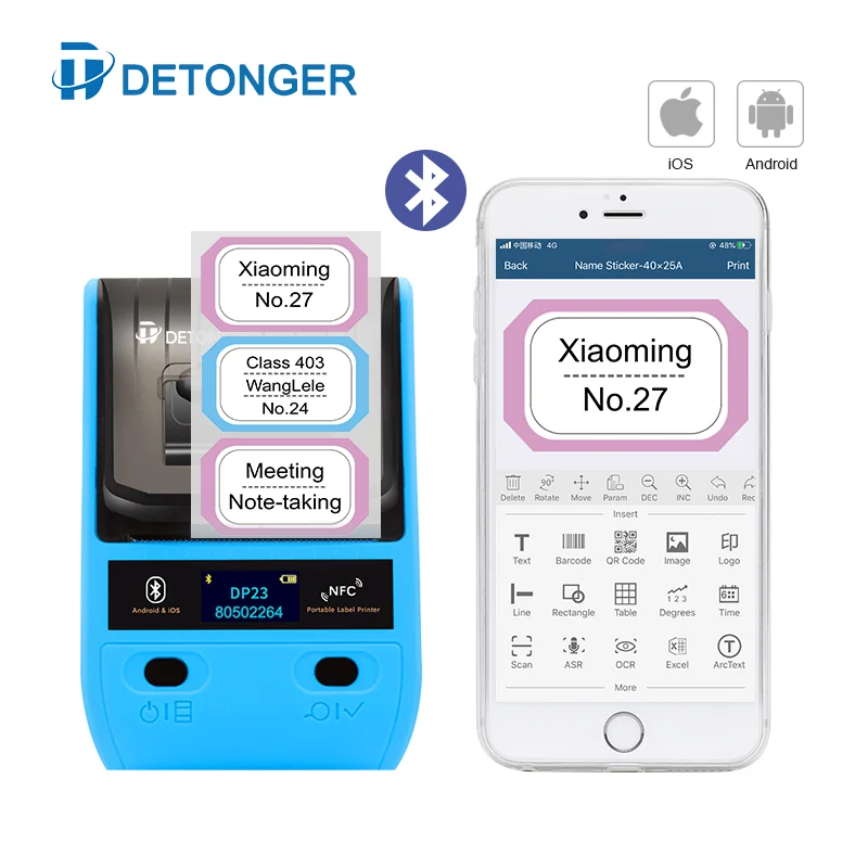 DETONGER Wireless BT For Mobile Phone Ipad Android iOS  Mini Portable Thermal Label Maker 20 to 50mm Printer