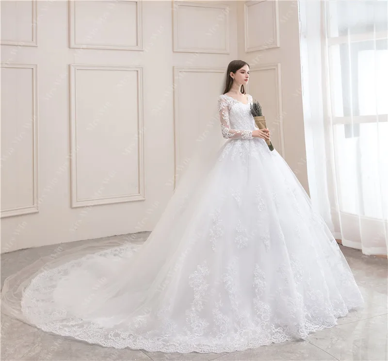 Áo CướI 2022 Full Tay Chữ V Gợi Cảm Càn Quét Tàu Bầu Công Chúa Phối Ren Sang Trọng Đầm Vestido De Noiva Áo Cưới Plus kích Thước