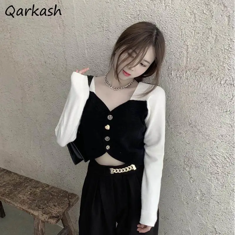 

Cardigan Women Sweater Patchwork Leisure Elegant Cropped Slim Female Fit Simple Popular Cozy Streetwear Ulzzang Daily Tender Ins