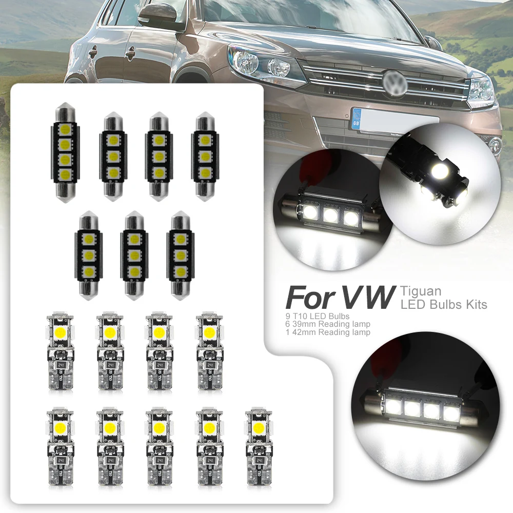 

14pcs White Auto Interior LED Light Bulbs Canbus Kit For 2007 -2018 VW Tiguan Map Dome Turnk License Plate Light Car styling