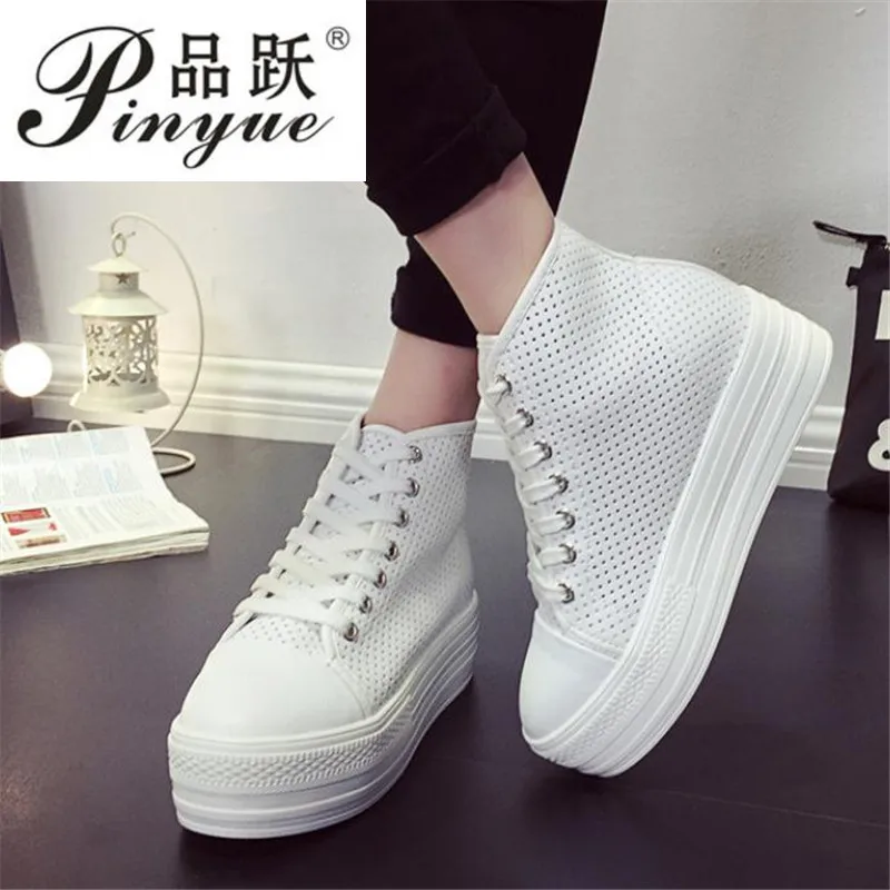 

New summer Lace-up High-top Genuine Leather Shoes Women Sneaker Shoes High Heels Increase Within Wedges breathable Casual Shoes