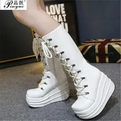 Size 35-43 Botas Mujer Plataforma Winter Womens Boots Punk Style White Wedge High Heel Boots Lace Up Wedge Platform Boots