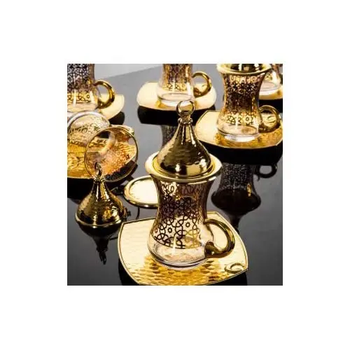 Gold Case Gold plated Gilded English Tea for Glasses Set of 6 - Made in Turkey - 24 pieced set, gilded-Gold