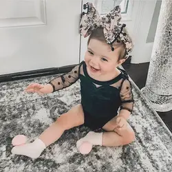 Blotona Hot Sale Baby Girls Polka Dot Mesh Long Sleeve Romper, Black Round Collar Velvet Solid Color Bodysuit, 0-18Months