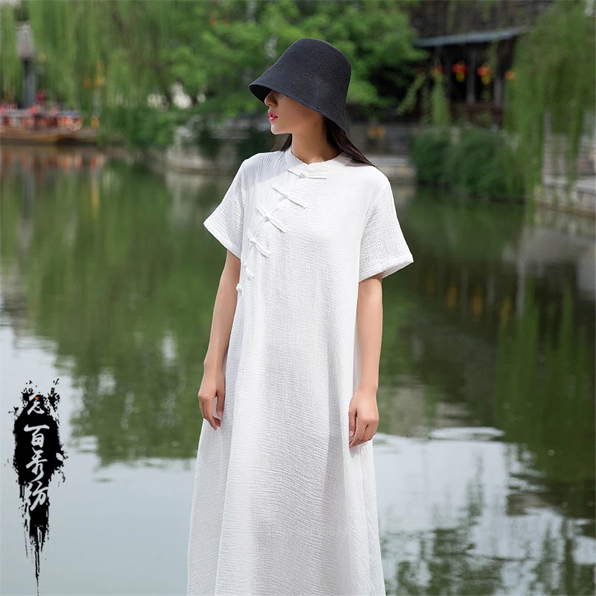 Chinese Fashion Cheongsams for Women Vintage Qipao Long Party Wedding Dress Cotton Linen Hanfu Traditional China Style Clothing