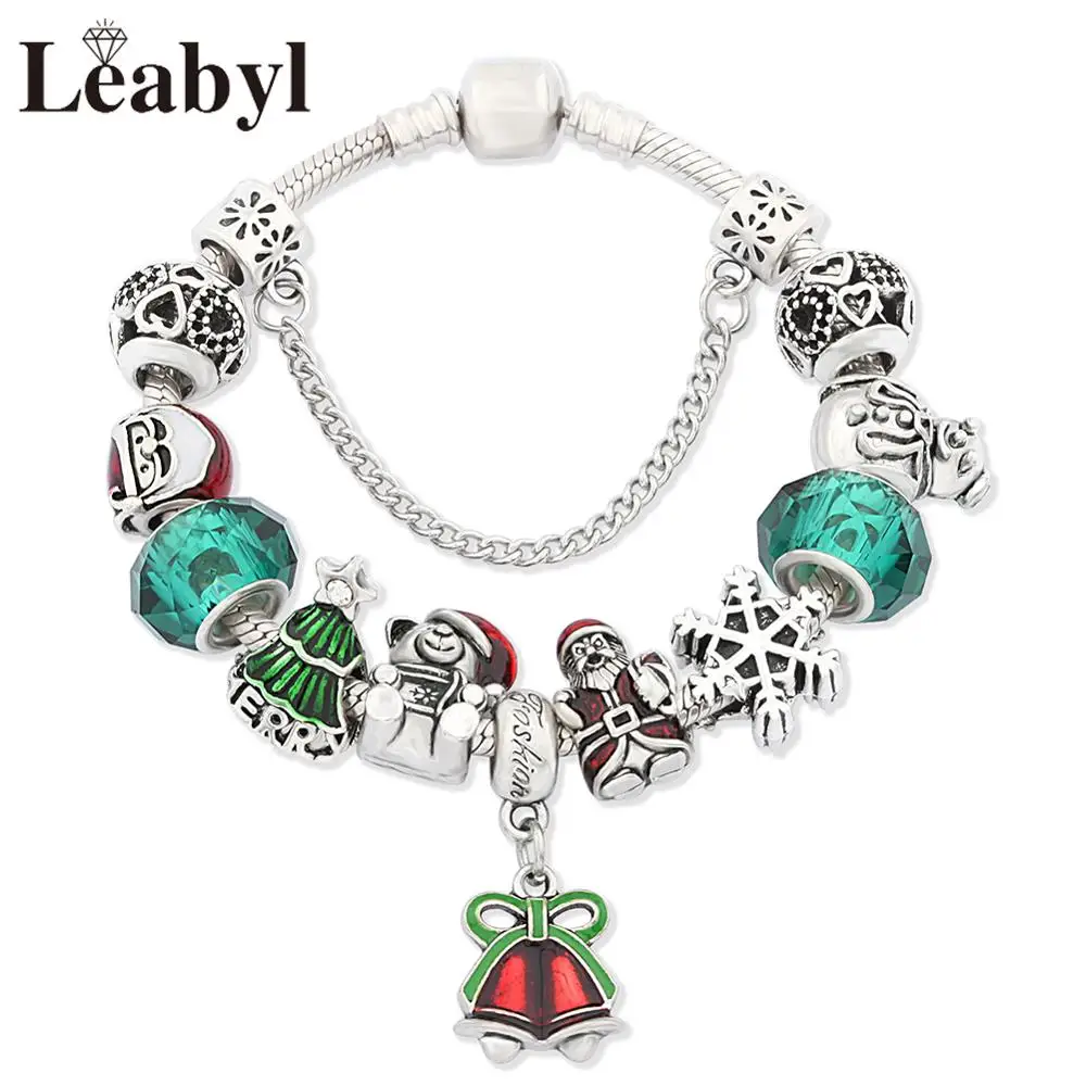 Classic Red & Green Enamel Christmas Bell Santa Charm Bracelet Green Crystal Enamel Xmas Tree Bead Bracelet Xmas Gift