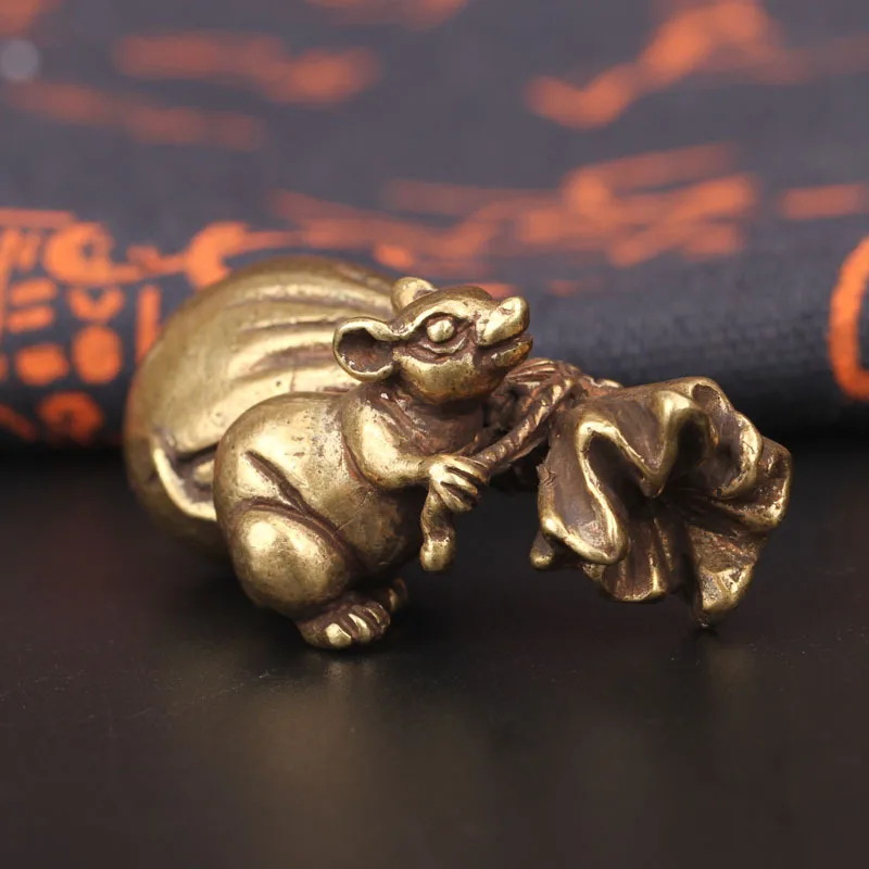 Antique Bronze Zodiac Little Mouse Big Gold Money Bag Figurines 2020 New Year Design Pure Copper Lucky Rat Feng Shui Ornaments