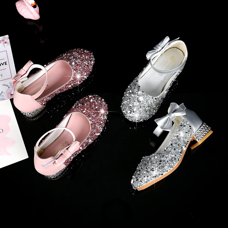 Girls Princess Shoes Kids Crystal Leather Shoes 2021 Spring New Children's Single High Heel Shoes Bow-knot Silver 26-38