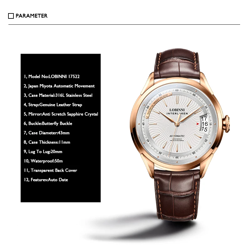 LOBINNI Роскошные часы для мужчин, мужские автоматические часы, водонепроницаемые наручные часы, швейцарские часы, сапфировое зеркало, дата из нержавеющей стали