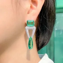 CWWZircons New Trendy Triangle Green Water Drop Long Crystal Earrings for Women Fancy CZ Party Wedding Dress Jewelry CZ118