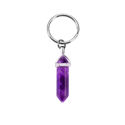 Hexagonal Column Natural Stone Amethyst Keychain For Women Rose Quartz Stone Key Rings On Bag Car Jewelry Party Friends Gift