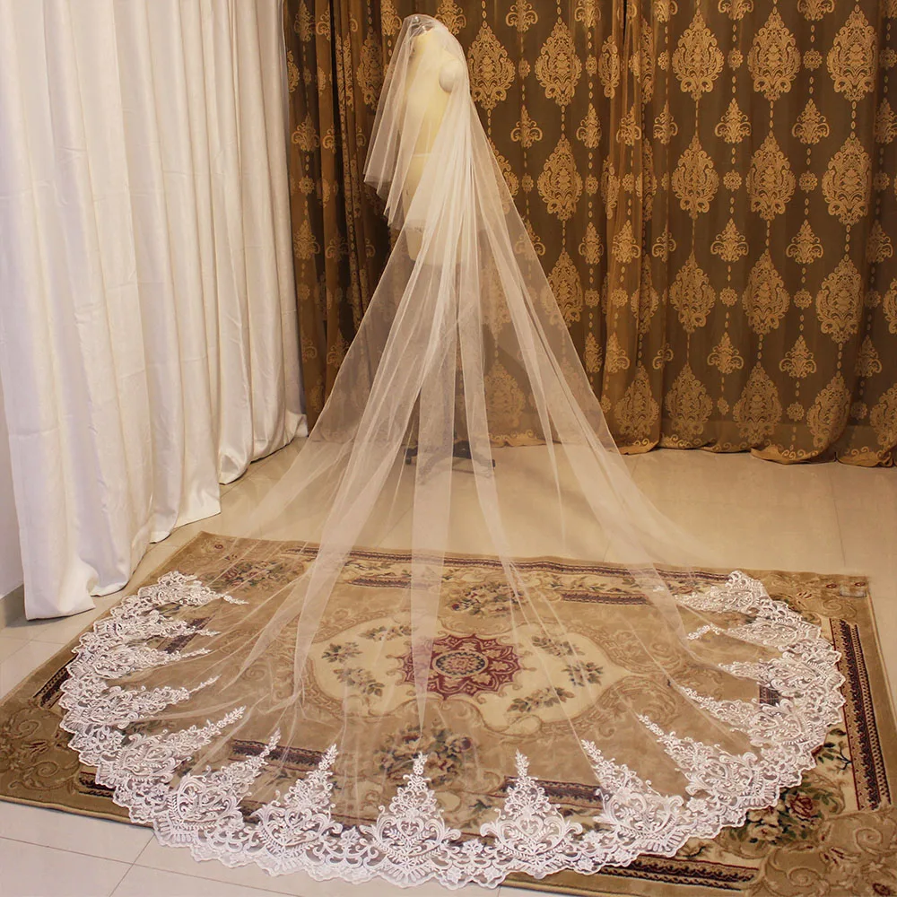 Voile de mariée Long en dentelle, 2 couches, 3 mètres, blanc, ivoire, avec blush, accessoires de mariage, Photos réelles