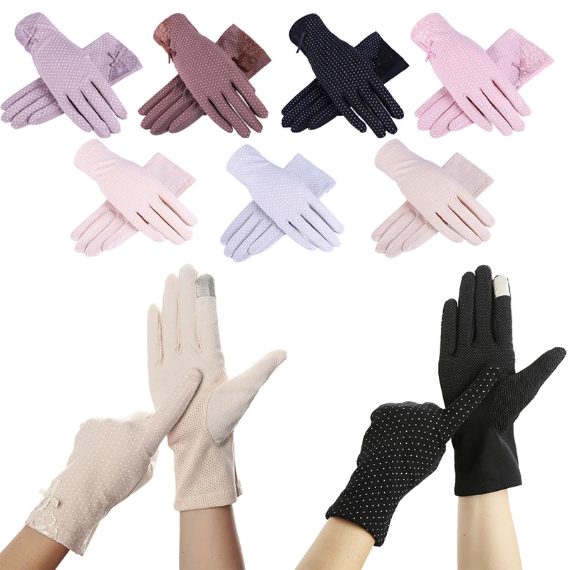 Guantes de algodón con estampado de lunares para mujer, antideslizantes, transpirables, finos, protección solar UV, 2024