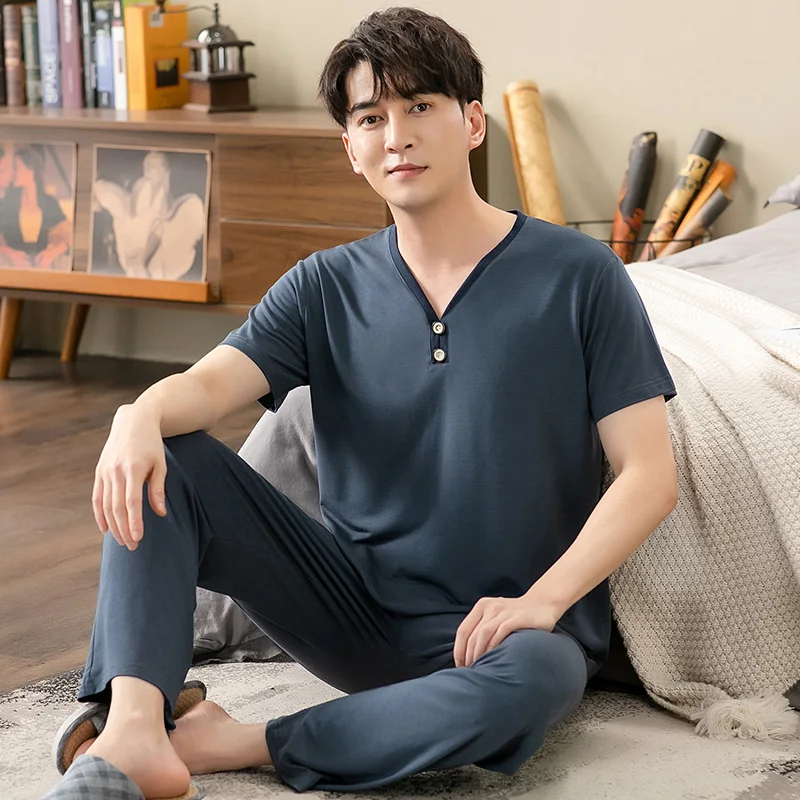 Men\'s Modal Cotton Pajamas Set Summer Short-Sleeve Tops + Long Pants Nightwear Home Wear Suits Simple Fashion Sleepwear for Men