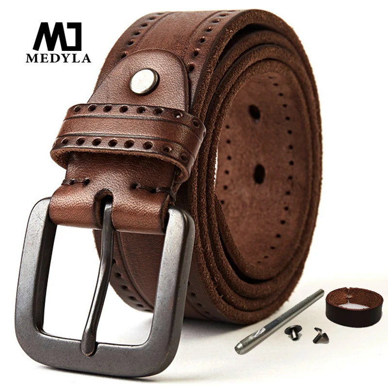 MEDYLA Natural Leather Belt Men\'s Hard Metal Matte Buckle Men\'s Original Leather Belt 105-150cm Jeans Belt Screw Accessories