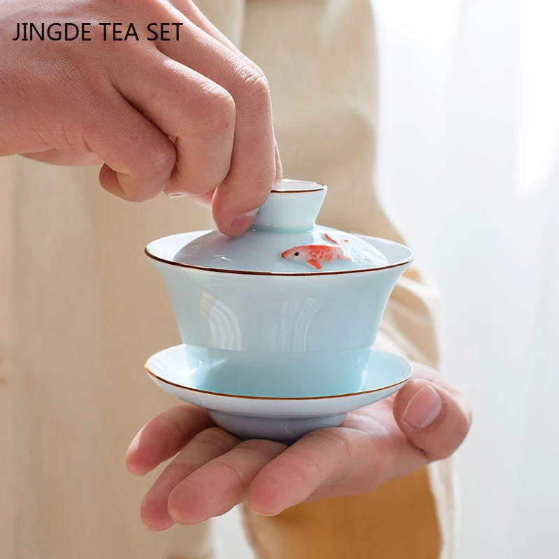 Chinese Ceramic Small Fish Gaiwan Teacup Travel Tea Bowl Handmade Celadon Teaware Accessories Drinkware Personal Cup 140ml