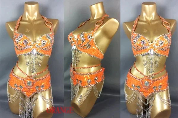 Crystal bikini Women's beaded belly dance costume wear Bar+Belt 2pc set  stage show gogo outfit