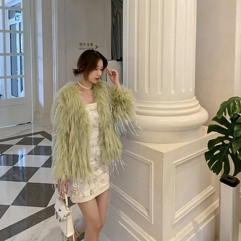 Party Evening Real Fur Coat Women Winter Elegant Sheep Shearing Sequined Tassel Outerwear Luxury Wool Cashmere Cardigan jacket