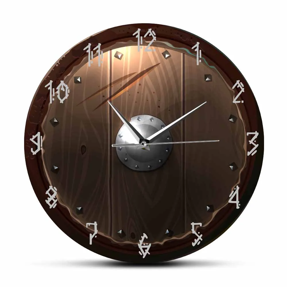 Barbarian Shield Indoor Silent Movement Wall Clock 3D Vision Hanging Wall Watch Viking Barbarian Medieval Man Cave Home Decor