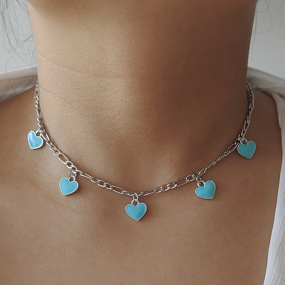 ZX Hip Hop Silver Color Metal Chain Chokers Short Necklace Fashion Women Girls Cute Heart Pendants Necklace Wholesale Party Gift