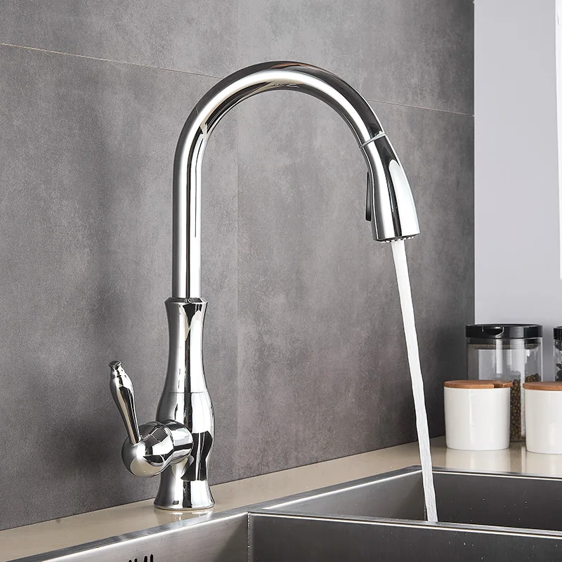 Uythner Gold Polish Draaibare Uitloop Aanrecht Kraan Pull Down Sproeier Fashion Design Badkamer Keuken Warm & Koud Water Mengkraan