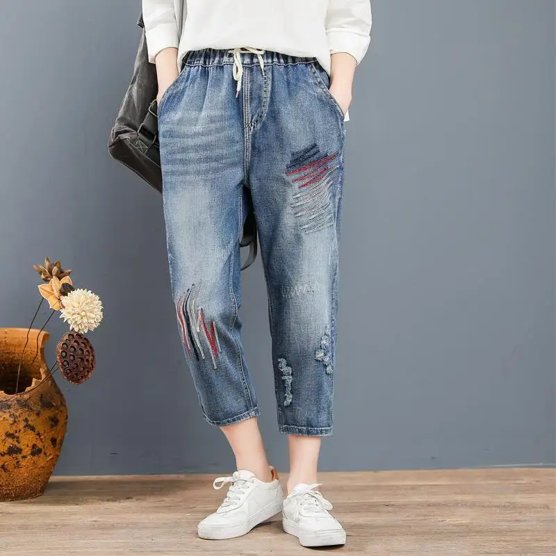 Jeans Women's Summer Loose and Plus-sized Elastic Waist Cartoon Embroidered Harem Pants Girl's All-match Casual Pants