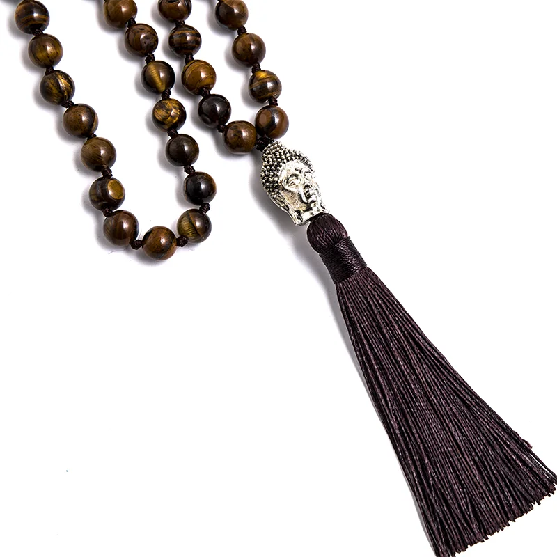 8mm Natural Yellow Tiger Eyes Beaded and Knotted Japamala Necklace 108 Mala Meditation Yoga Tibetan Buddha Head Pendent Jewelry