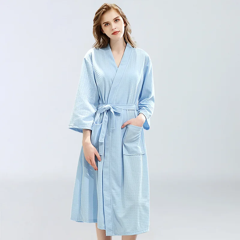 New 100% Pure Cotton Plain Color Bathrobes Robe Beauty Shop Hotel Unisex Pajamas Sauna Clothes Waffle Sleepwear Water Absorption