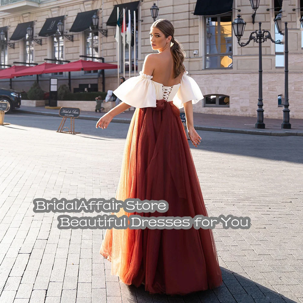 BridalAffair A Line Prom Dresses Soft Tulle Elegant Long Party Dress Formal Puffy Sleeves Evening Dresses Bow Belt Formal Dress