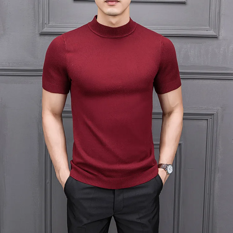 

MRMT 2024 Brand New Autumn Men's T Shirtpure Color Semi-high Collar Knitting for Male Half-sleeved Sweater Tops